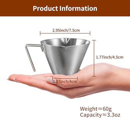 2 Pcs Espresso Cups with Handle, Stainless Steel, Double Spout Metal Measuring Cup with Dual Scale, Espresso Shot Cup with V-Shaped Mouth, 3.4oz/100ml(Silver) - color: 04_ Silver 2pc