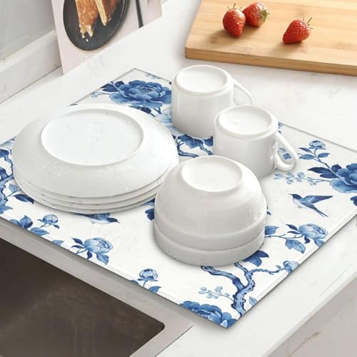 Chinoiserie Dish Drying Mat, for Kitchen Counter Microfiber Absorbent, Blue and White Dish Draining Mat Extra Large 18"x24" - color: Chinoiserie