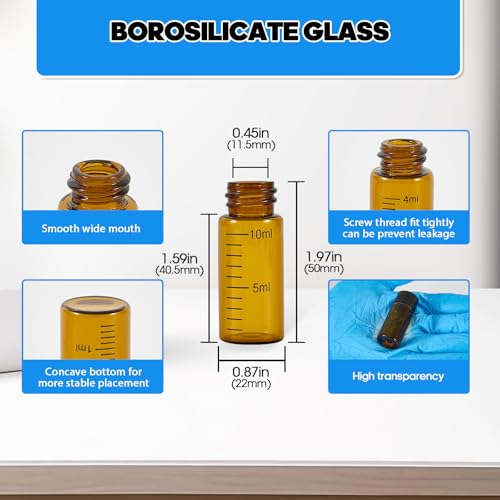 10ml Amber Glass Graduated Vials with Screw Caps and Plastic Stoppers, Small Sample Vials with Lids, Leak-Proof Liquid Storage Empty Vial, 12PCS - color: AMBER, size: 10ml