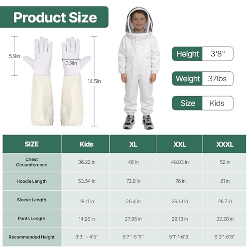 Bee Suit, Full Body Beekeeping Suit with Veil Hood (3‘3’‘ - 4’5‘’) | Professional Beekeeping Outfit, Includes Gloves, for Beekeepers and Beginners - size: Kids for 3‘3’‘ - 4’5‘’