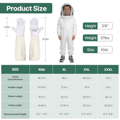 Bee Suit, Full Body Beekeeping Suit with Veil Hood (3‘3’‘ - 4’5‘’) | Professional Beekeeping Outfit, Includes Gloves, for Beekeepers and Beginners - size: Kids for 3‘3’‘ - 4’5‘’