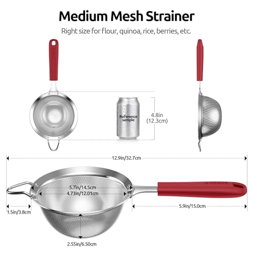 U-Taste Medium Fine Mesh Strainer: 18/8 Stainless Steel 4.73in 30 Mesh Kitchen Food Sieve with Sturdy Riveted Silicone Handle, Heavy Duty Deep Handheld Metal Colander for Rice, Quinoa, Flour (Red) - color: (4) Red, size: M-4.73in