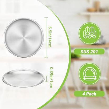 Stainless Steel Plates, 4 Pack 5.5 inch Mini 201 Metal Food Serving Plate Set, Reusable Snack Eating Dishes Round Shatterproof Silver Brushed Finish Dishes for BBQ Dinner Oven Dishwasher Safe - size: 5.5"