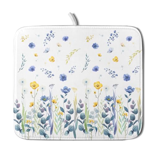Floral Dish Drying Mat for Kitchen Counter 18x16 Inch Yellow Purple Flower Drying Mat with Absorbent Reversible Microfiber Season Spring Dish Drainer Mats Rack Pad for Coffee Countertop Protector - color: Yellow Purple Floral, size: 18" x 16"