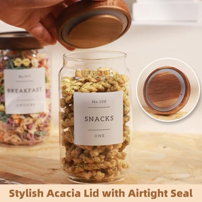 6 Pack Glass Canisters with Airtight Acacia Lids and 132 Kitchen Pantey Labels Preprint - 24 Fl Oz Borosilicate Glass Pantry Storage Jars Containers with Wooden Lids for Tea,Sugar,Cookie,Coffee,Candy - size: 24oz-6 Pack
