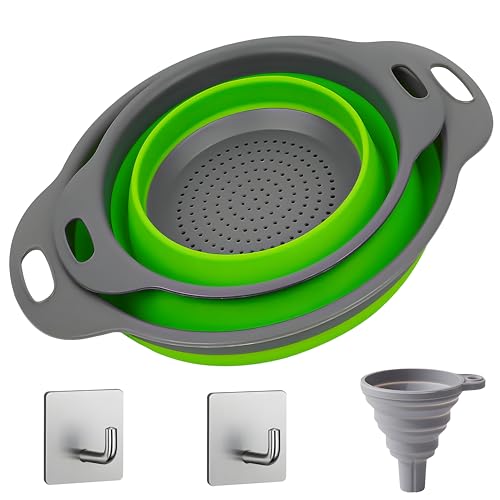 UVB Collapsible Colander Set, Space-Saving Foldable Kitchen Strainer for Pasta, Vegetables & Fruit, Colander for Kitchen with 2 Stainless Steel Hooks & 1 Silicone Funnel – Green - color: Green