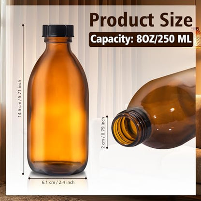 12 Pack 8 OZ Amber Glass Bottles for Vanilla Extract, 250 ML Refillable Empty Dispensing Bottles with Lids for 2nd Fermentation, Kombucha Brewing, Homemade Solutions