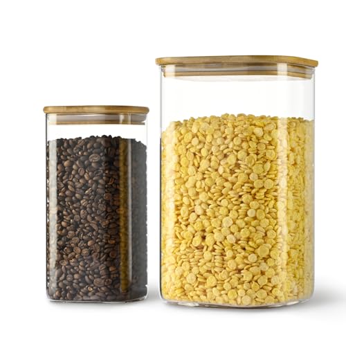 D2scrma 149oz 50oz Airtight Glass Square Storage Canister with Bamboo Lid Set of 2(4400ml*1 1500ml*1) Large Gallon Glass Jars for Sugar, Flour, Cookies and Coffee beans (‎with Black Lable) - size: 149oz*1/50oz*1