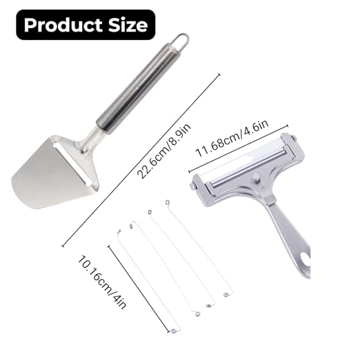 Cheese Slicer & Cheese Cutter - Adjustable Stainless Steel Wire Cheese Cutter with 1 Extra Wires - Cheese Shaver for Mozzarella, Cheddar, Gruyere - Cheese Slicer with Wire (Silver)