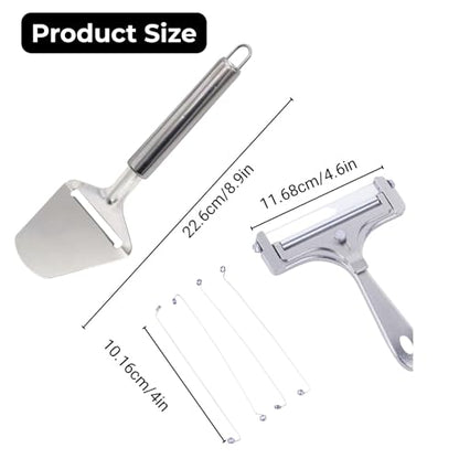Cheese Slicer & Cheese Cutter - Adjustable Stainless Steel Wire Cheese Cutter with 1 Extra Wires - Cheese Shaver for Mozzarella, Cheddar, Gruyere - Cheese Slicer with Wire (Silver)