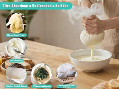 Olicity Cheese Cloths, 2Pack, Double-Layer, 20x20Inch, Reusable Grade 90 Cheese Cloth Bag for Straining, Hemmed Unbleached Cotton Precut Fine Mesh Muslin Cheesecloth for Juicing, Butter, Canning