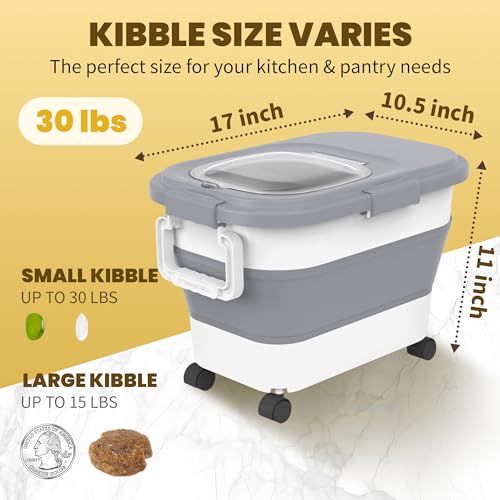 HOYTAMDA 20-30Lbs Rice Container,Collapsible Airtight Food Storage Containers with Wheels,Handle,Rice Storage Container with Small Bin and Scoop,Rice Dispenser for Flour Sugar Cereal Grain Dog Cat - color: Grey-20/30lbs