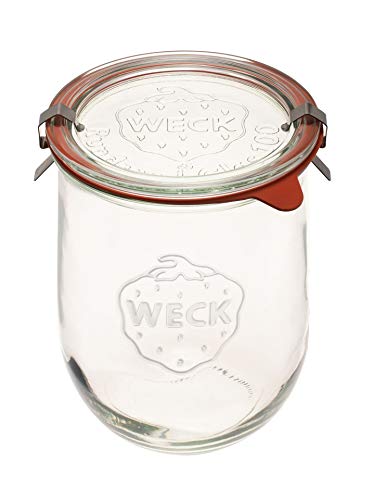 Weck Tulip Jar - Sour Dough Starter Jars for Sourdough - 1 x WECK 745 Large Clear Jar with Wide Mouth - 1 Liter Includes Glass Lid, rubber seal and steel clips