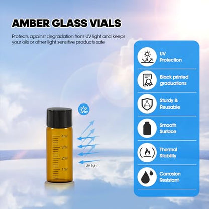 4ml Amber Glass Graduated Vials with Screw Caps and Plastic Stoppers, 1 Dram Small Sample Vials with Lids, Leak-Proof Liquid Storage Empty Vial, 12PCS - color: AMBER, size: 4ml