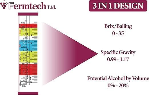 Fermtech Glass Triple Scale Hydrometer Kit – Glass Hydromter and Jar, Brush, Instructions, Hard Storage Case and Microfiber Cloth. Test ABV, Brix, Gravity for Wine, Beer, Mead & Kombuch.