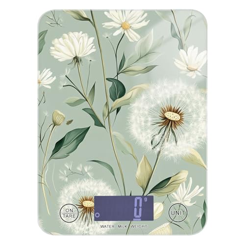 Sage Green Dandelion01 Food Scale Kitchen Digital Scale Food Ounces and Grams Dieting Baking Cooking Waterproof Glass Panels LCD Display,4 Units Tare Function - color: Sage Green Dandelion01