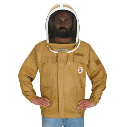 Beekeeping Jacket with Fencing Veil - Breathable Cotton Beekeeper Suit with YKK Zippers & Protective Hood (BP-101-Brown)-L - color: Khaki, size: Large