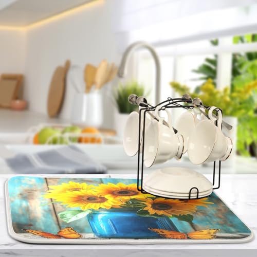 Butterfly Sunflowers Jar Dish Drying Mat Kitchen Dish Drying Pad Absorbent Microfiber Sink Mat for Coffee Bar Draining Racks Sinks 18x24 Inch - size: 18x24in
