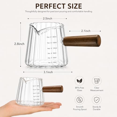 2 Pack Espresso Shot Measuring Cups 6oz, Clear & Grey Ribbed Glass Espresso Cups with Wood Handle, V-Shaped Spout, oz/ml Markings for Espresso, Milk Frothing, Latte and Coffee Bar - color: Clear + Gray (2 Pack)