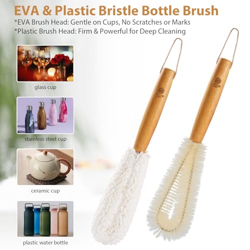 YMZ C&A Bottle Brush Cleaner Set-Teak Wood Handle for Glass Cups, Coffee Cups, Mugs, and Sport Bottles