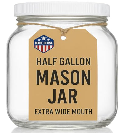 kitchentoolz Half Gallon Mason Jar - Wide Mouth 1/2 Gallon Glass Jar with Lid - Airtight Glass Storage Containers with Lid Fermenting, Canning, and Dry Storage - Made in USA