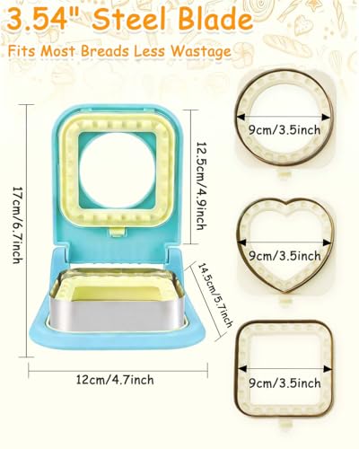 3-in-1 Uncrustable Sandwich Maker - Heart/Round/Square Crustless Sandwich Cutter & Sealer for Kids' Lunch, Breakfast & Lunchboxes | BPA-Free Uncrustable Press,Easy Clean (3-Shape Light Blue) - color: 3-Shape Light Blue