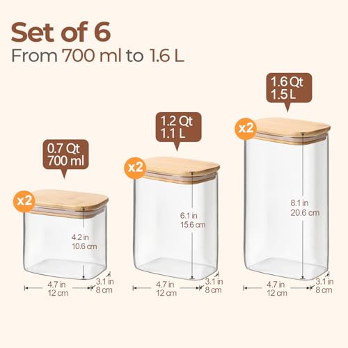 ComSaf Glass Storage Containers With Lids 6-Pack (0.7qt/1.2qt/1.6qt), Glass Pantry Storage Containers, Rectangular Glass Jars With Lid, Glass Canisters For Kitchen Flour Cereal Sugar Tea Coffee Bean - size: 0.7Qt*2/1.2Qt*2/1.6Qt*2