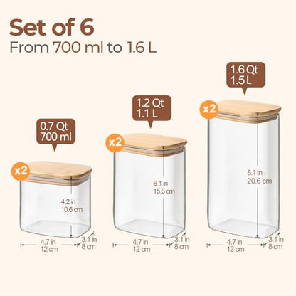 ComSaf Glass Storage Containers With Lids 6-Pack (0.7qt/1.2qt/1.6qt), Glass Pantry Storage Containers, Rectangular Glass Jars With Lid, Glass Canisters For Kitchen Flour Cereal Sugar Tea Coffee Bean - size: 0.7Qt*2/1.2Qt*2/1.6Qt*2