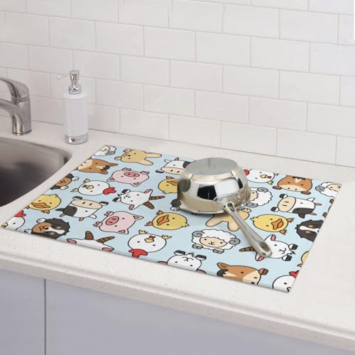 Cute Farm Animals Blue Dish Drying Mat for Kitchen Counter, Farmhouse Rustic Cow Sheep Duck Microfiber Drying Pad, Absorbent Coffee Cup Dishes Drainer Mats 18"x24" - color: Farm Animal