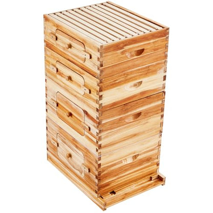 Bee Hive 40 Frame Bee Hives Starter Kit, Beeswax Coated Cedar Wood, 2 Deep + 2 Medium Bee Boxes Langstroth Beehive Kit, Transparent Acrylic Windows with Foundations for Beginners Pro Beekeepers Stur