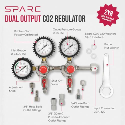 SPARC Premium Gen2 Dual CO2 Regulator for Kegerator - Double Tap C02 Regulator for Kegs - Draft Beer, Soda, Kombucha - CGA320-2YR USA Warranty