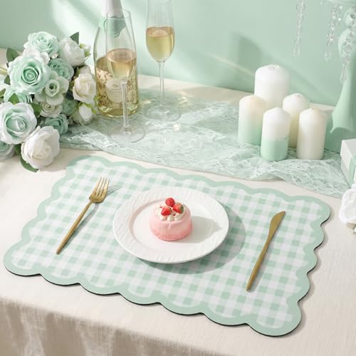Scalloped Gingham Coffee Mat 12" x 20" Absorbent Coffee Bar Mat Gingham Espresso Matt for Counter(Green) - color: Green