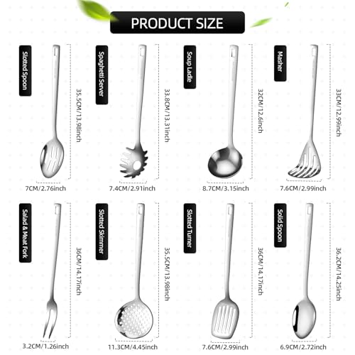 18/8 Stainless Steel Cooking Utensil set, 8 Pieces Metal Kitchen Utensils set, Slotted Spoon,Meat Fork,Ladle,Skimmer Spoon,Spatula,Spaghetti Server,Large Spoon,Masher (Dishwasher Safe, Silver) - size: 18/8 Stainless Steel Utensil Set of 8