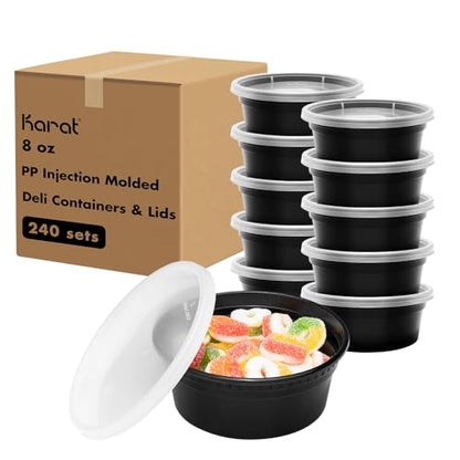 Karat [8oz - 240 ct Black PP Injection Molded Round Deli Containers with Lids (FP-IMDC8-PPB) - color: Black, size: 8oz