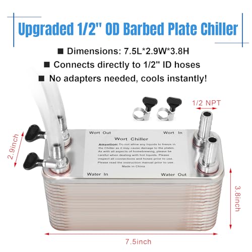 FERRODAY 40 Plate Wort Chiller, 1/2 Barb Fitting Brazed Plate Heat Exchanger, Stainless Steel Homebrew Plate Wort Chiller, Beer Chiller Wort Cooler Heat Exchanger For Brewing-7.5" x 3.8"