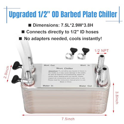 FERRODAY 40 Plate Wort Chiller, 1/2 Barb Fitting Brazed Plate Heat Exchanger, Stainless Steel Homebrew Plate Wort Chiller, Beer Chiller Wort Cooler Heat Exchanger For Brewing-7.5" x 3.8"