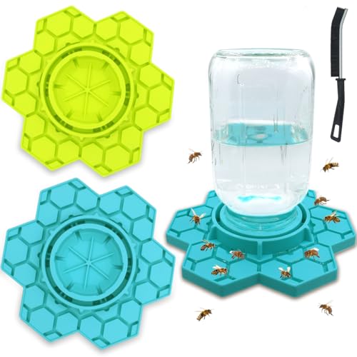 Bee Watering Station for Garden – 2 Pack Silicone Bee Feeders for Mason Ja, Fit with Regular and Wide Mouth, No-Drown Bee Waterer, Honey Bee Drinking Station- Blue & Yellow (Jars Not Included)