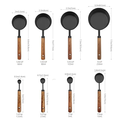 Black Measuring Cups and Spoons Set, Measuring Spoons and Measuring Cup Set for Cooking & Baking with Wood Handle - color: Black