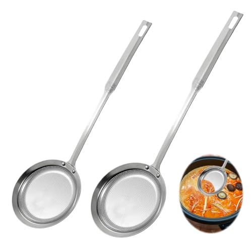 2 Pack Fine Mesh Stainless Steel Colander Filte Grease Foam Extra Fine Strainer with Handle Sieve Spoon for Oil Filter Food Strainers Kitchen Gadget for Oil Vegetable Quinoa Tea Juice (Large+Small)