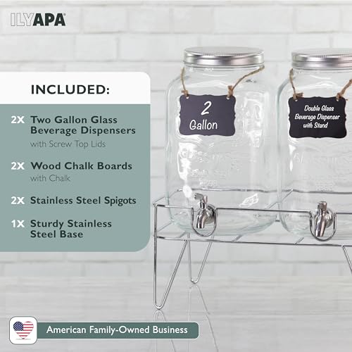 Ilyapa 2 Gallon Drink Dispenser, 2 Pack with Metal Base, Stainless Steel Spigot - Drink Dispensers for Parties, Beverages Such As Lemonade, Tea, Water - size: 2 Gallon Double Dispenser with Stand