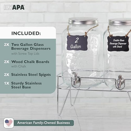 Ilyapa 2 Gallon Drink Dispenser, 2 Pack with Metal Base, Stainless Steel Spigot - Drink Dispensers for Parties, Beverages Such As Lemonade, Tea, Water - size: 2 Gallon Double Dispenser with Stand
