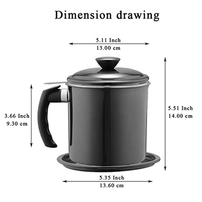 Kyraton Black Bacon Grease Container With Strainer, 48 oz Black Coating Stainless Steel Oil Container, Pot Fat Storage With Lid, Easy Grip Handle Suitable For Storing Frying Oil And Cooking Grease - color: 2. Black