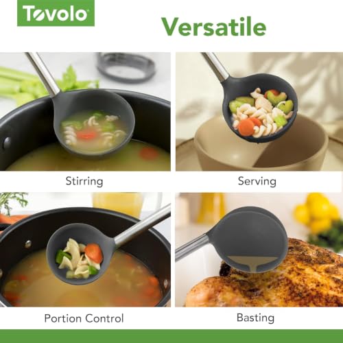 Tovolo Silicone Ladle With Stainless Steel Handle Deep Soup Ladle for Cooking Canning Serving Soup Punch Stew Sauce, Large Kitchen Utensil Spoon Dishwasher Safe BPA Free Silicone Charcoal Gray - color: Charcoal