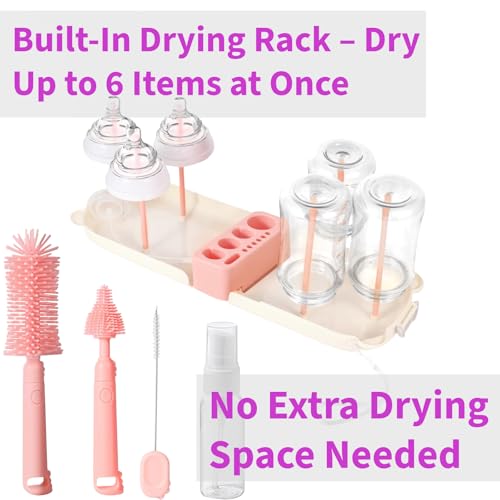 Travel Bottle Cleaner kit, 7in1 Baby Travel Gear Essential Silicone Travel Bottle Brush Set Nipple Drying Rack, Straw Breast Pump Cleaning Soap Dispenser Organizer Case Mon Gift (Pink) - color: Pink