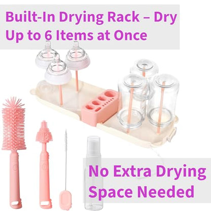 Travel Bottle Cleaner kit, 7in1 Baby Travel Gear Essential Silicone Travel Bottle Brush Set Nipple Drying Rack, Straw Breast Pump Cleaning Soap Dispenser Organizer Case Mon Gift (Pink) - color: Pink
