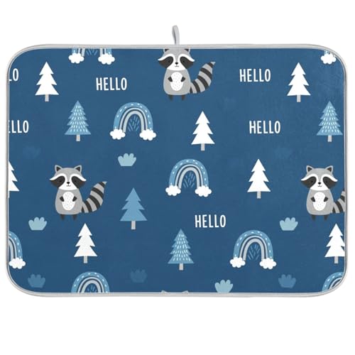 Raccoon Rainbow Tree Blue Dish Drying Mat for Kitchen Counter Super Absorbent Draining Mat with Non-slip Backed Dish Rack Pad for Draining Racks Countertops Sinks Dish Bottles Cups Bowl