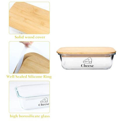 Cheese Container for Refrigerator,Glass cheese slice holder with Wooden Lid&Cheeses Cutter,Lunch Deli Meat Containers for Fridge,BPA-Free Shredded Cream Block Cheeses Storage Box keeper