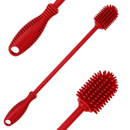 Silicone Bottle Cleaning Brush with Long Handle, BPA Free 12.5" Water Bottle Cleaner for Baby Bottles, Hydro Flask, Sports Bottle, Vase, Glassware, Perfect for Smaller Diameter Bottle Openings (Red) - color: Red