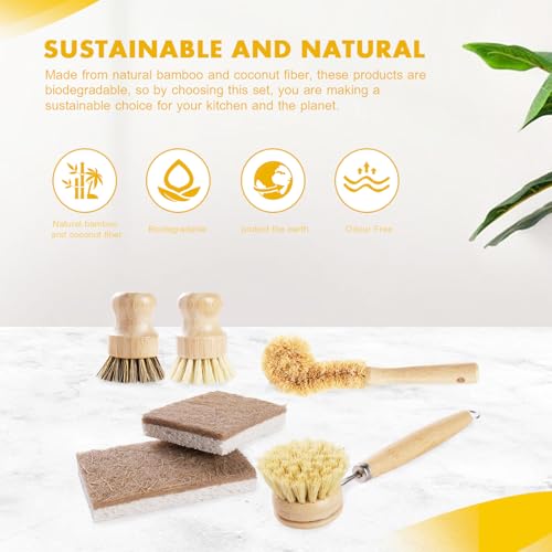 DEBETOOL 6 Piece Bamboo Dish Brush Set with Coconut Sponge - Wooden Dish Brush with Sisal and Palm Fiber, Natural Bamboo Dish Scrub Brush for Kitchen Cleaning Dishes, Pots, Pans, Bottles, Vegetables