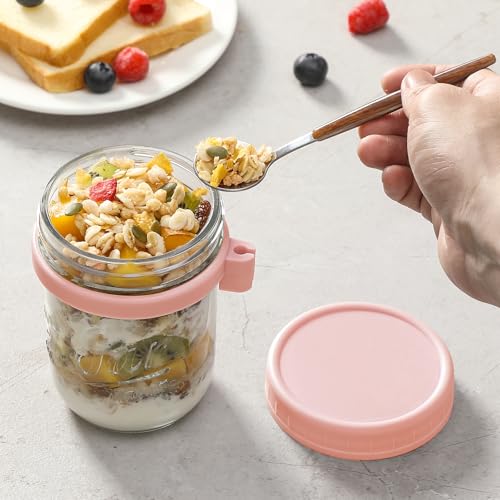 6 Pack Overnight Oats Containers with Lids and Spoons, 16 oz Glass Mason Overnight Oats Jars, Large Capacity Airtight Jars for Milk, Cereal, Fruit(Pink) - color: Pink